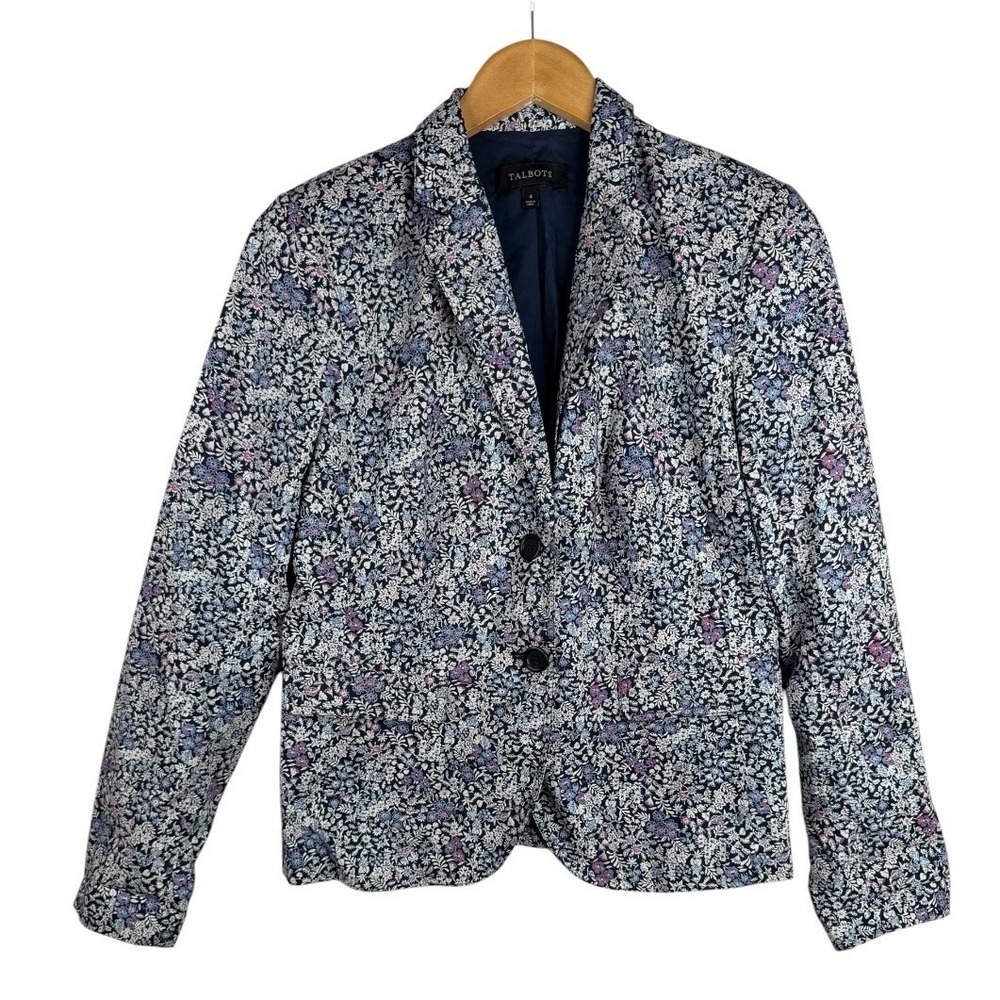 TALBOTS Womens Ditsy Floral Print Blazer Size 4 Blue Two Button Jacket